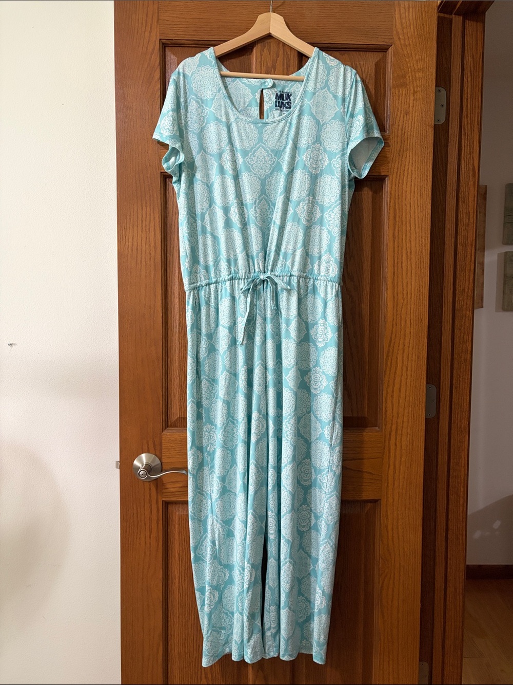 Muk Luks Pale Blue Printed Lounge Jumpsuit with Drawstring Waist